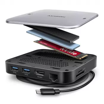 Axagon HMC-UFO USB-C Hub M.2 SATA/NVMe 1 Gbit/s Ethernet 384 kHz Audio Wired USB 3.2 Gen 2 (3.1 Gen 2) Type-C Schwarz