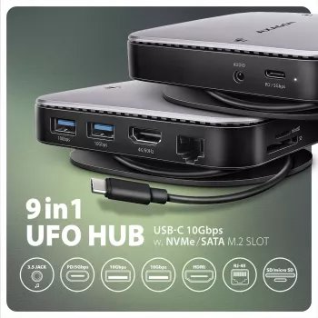 Axagon HMC-UFO USB-C Hub M.2 SATA/NVMe 1 Gbit/s Ethernet 384 kHz Audio Wired USB 3.2 Gen 2 (3.1 Gen 2) Type-C Schwarz