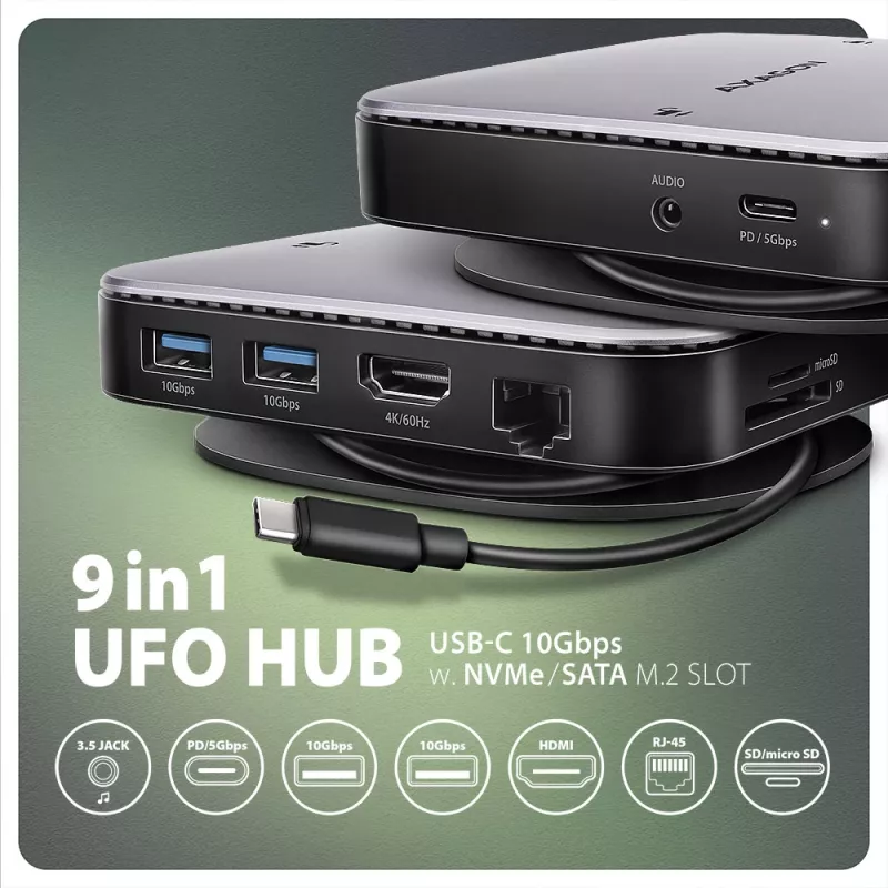 Axagon HMC-UFO USB-C Hub M.2 SATA/NVMe 1 Gbit/s Ethernet 384 kHz Audio Wired USB 3.2 Gen 2 (3.1 Gen 2) Type-C Schwarz