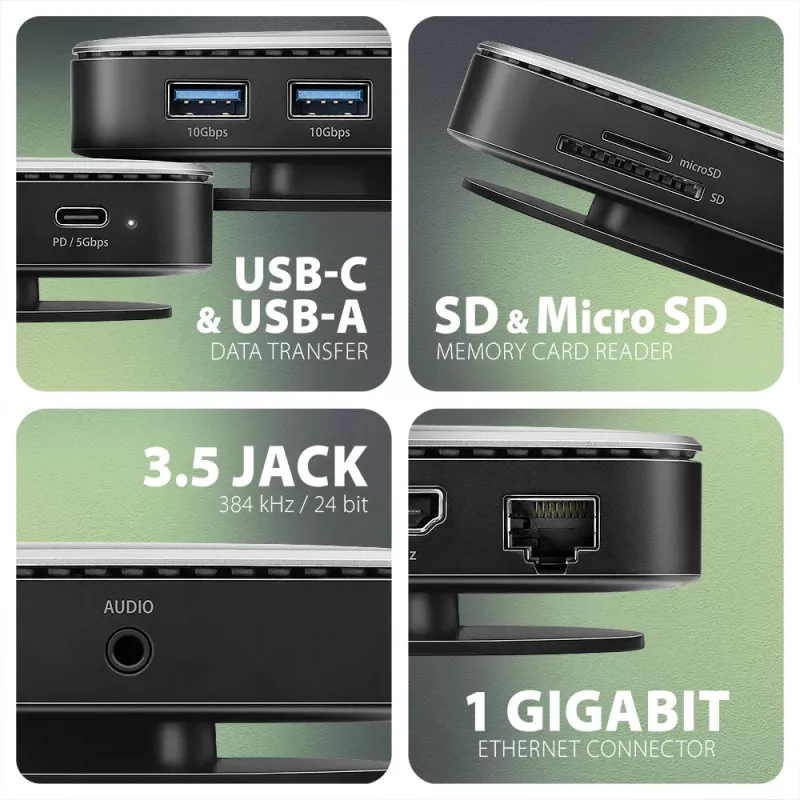 Axagon HMC-UFO USB-C Hub M.2 SATA/NVMe 1 Gbit/s Ethernet 384 kHz Audio Wired USB 3.2 Gen 2 (3.1 Gen 2) Type-C Schwarz
