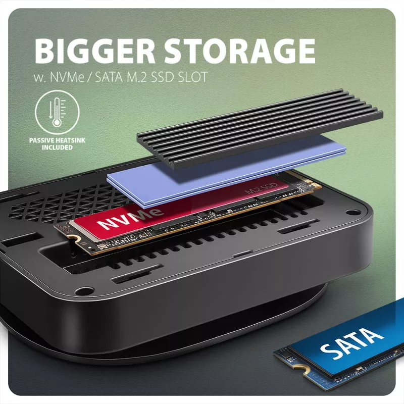 Axagon HMC-UFO USB-C Hub M.2 SATA/NVMe 1 Gbit/s Ethernet 384 kHz Audio Wired USB 3.2 Gen 2 (3.1 Gen 2) Type-C Schwarz