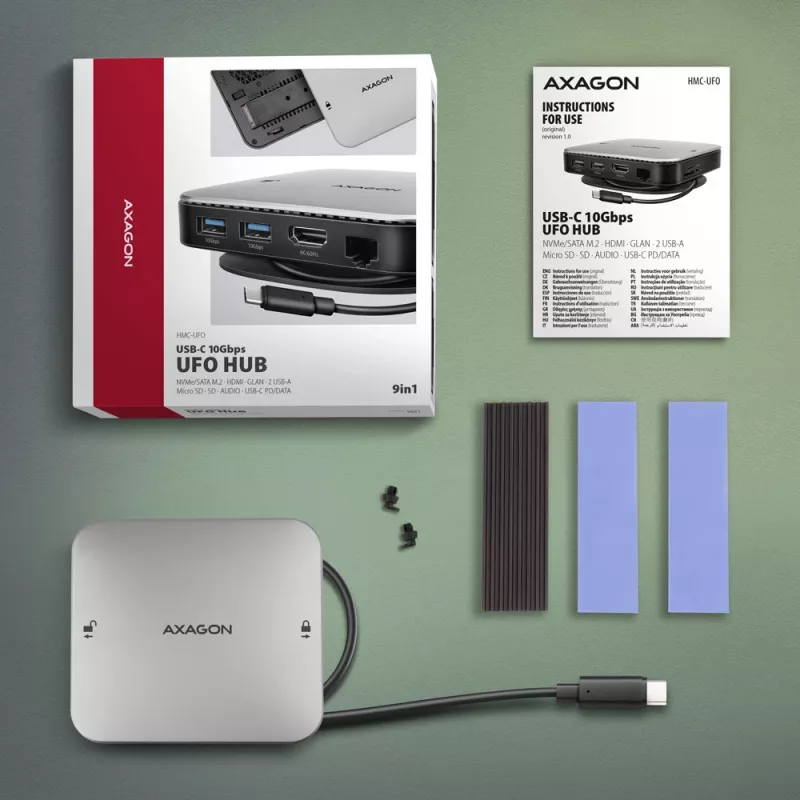 Axagon HMC-UFO USB-C Hub M.2 SATA/NVMe 1 Gbit/s Ethernet 384 kHz Audio Wired USB 3.2 Gen 2 (3.1 Gen 2) Type-C Schwarz