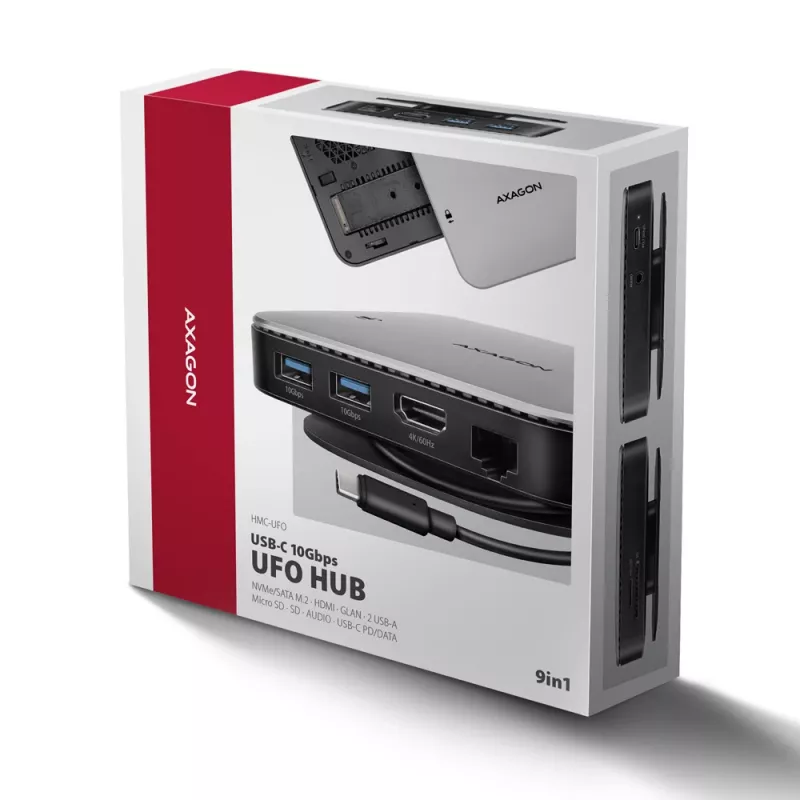 Axagon HMC-UFO USB-C Hub M.2 SATA/NVMe 1 Gbit/s Ethernet 384 kHz Audio Wired USB 3.2 Gen 2 (3.1 Gen 2) Type-C Schwarz