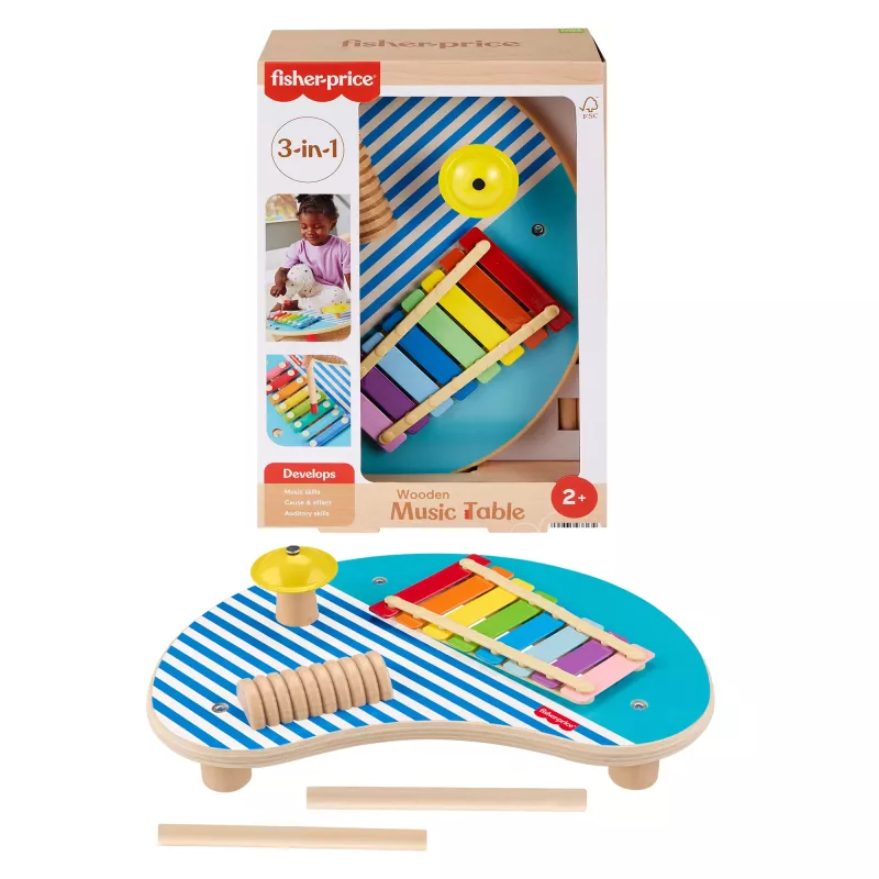 Fisher-Price Holz-Musiktisch mit Percussion-Instrumenten, 3 Holzteile