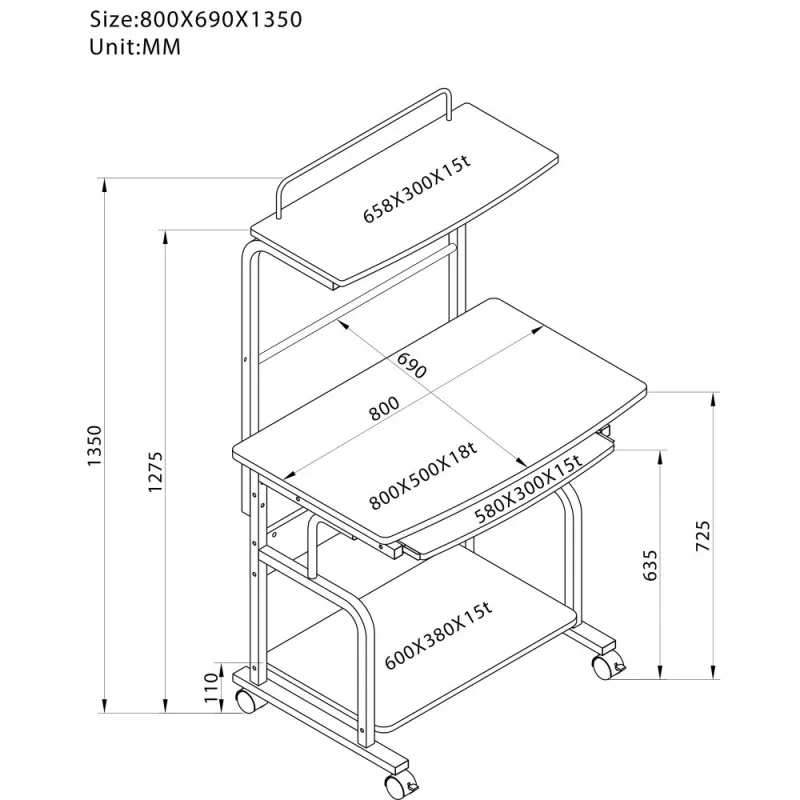 Techly Compact Multi-Function Computer Desk, Glossy Schwarz ICA-TB 7800BK