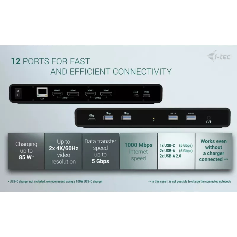 i-tec Universal Dual 4K Display Docking Station + Power Delivery 85W