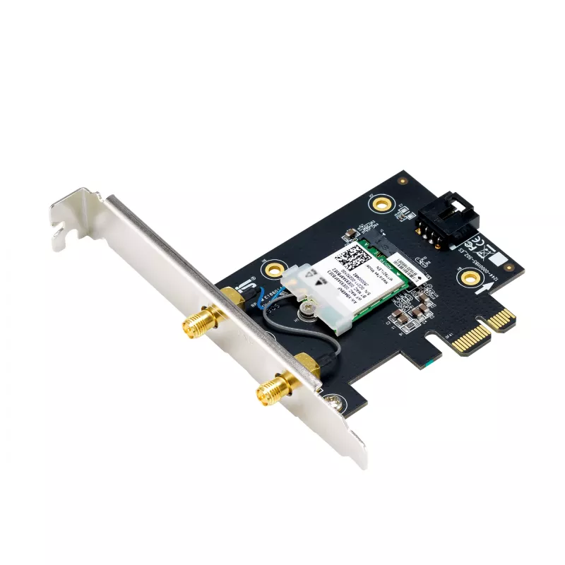 Interne WLAN Bluetooth Adapter ASUS PCE-BE6500 — PCIe, Tri-Band Wi‑Fi 6E/7 (2,4/5/6 GHz), Bluetooth 5.4, 2882 Mbps, externe Antenne, schwarz