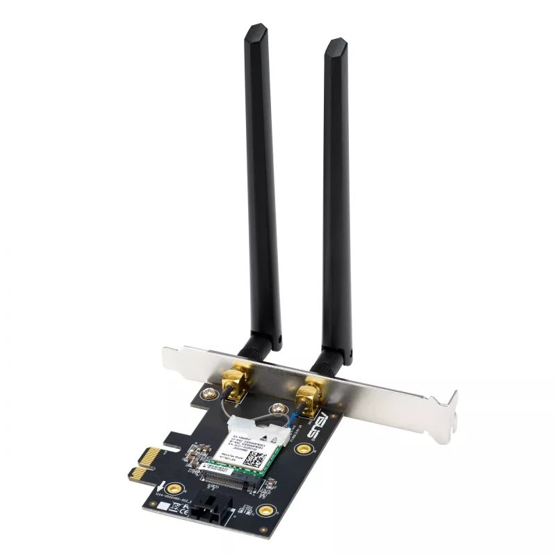 Interne WLAN Bluetooth Adapter ASUS PCE-BE6500 — PCIe, Tri-Band Wi‑Fi 6E/7 (2,4/5/6 GHz), Bluetooth 5.4, 2882 Mbps, externe Antenne, schwarz