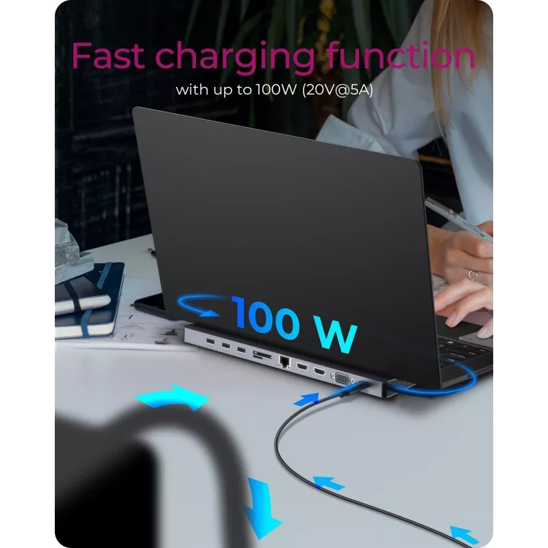 ICY BOX 11-in-1 via USB Type-C, Kabelgebunden, USB 3.2 Gen 1 (3.1 Gen 1) Type-C, 100 W, 3,5 mm, 10,100,1000 Mbit/s, Anthrazit, Schwarz