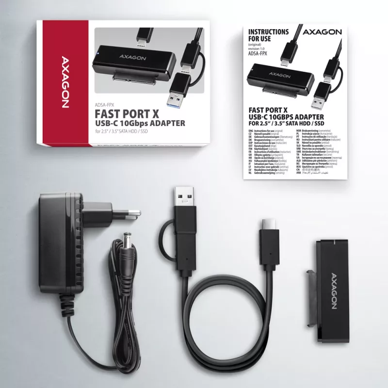 Axagon ADSA-FPX USB-C 10Gbps FAST PORT X Adapter für 2,5-Zoll-/3,5-Zoll-SSD/HDD
