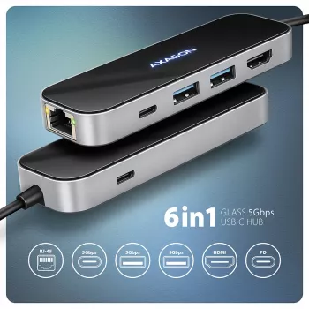 Axagon HMC-6GLN USB 5Gbps Hub, 2x USB-A, USB-C, HDMI 4k/60Hz, RJ-45, PD 100W, USB-C-Kabel