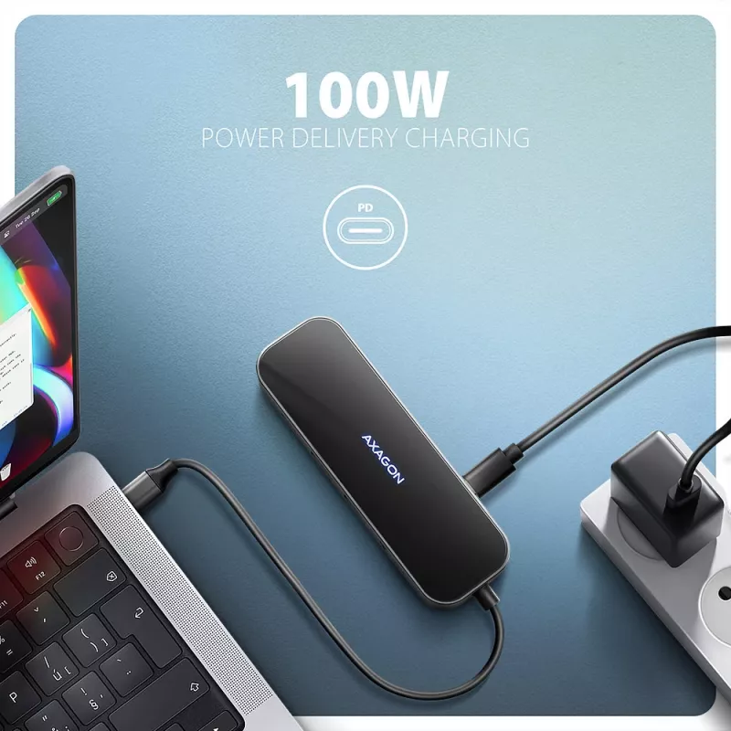 Axagon HMC-6GLN USB 5Gbps Hub, 2x USB-A, USB-C, HDMI 4k/60Hz, RJ-45, PD 100W, USB-C-Kabel