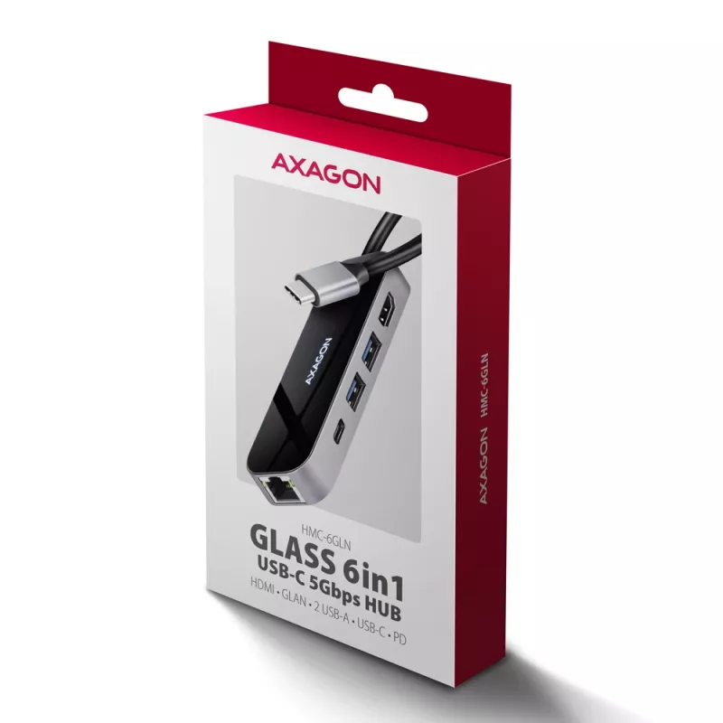 Axagon HMC-6GLN USB 5Gbps Hub, 2x USB-A, USB-C, HDMI 4k/60Hz, RJ-45, PD 100W, USB-C-Kabel