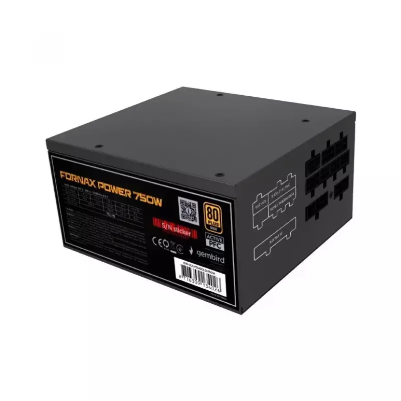 Netzteil GEMBIRD Fornax Power 750W ATX 80 PLUS Gold modular 12 cm Lüfter EPS 4+4pin PCIe 6+2pin SATA-Anschlüsse