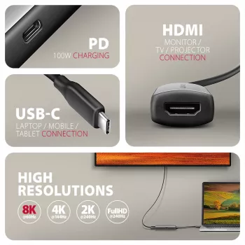 Axagon RVC-HI8KPD, USB-C -> HDMI 2.1 Adapter, 8K/60Hz, 4K/144Hz, HDR10+, PD100W