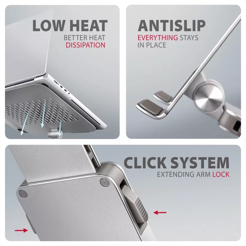 Axagon STND-LR Aluminiumständer mit 360°-Drehung für Laptops 10 inch–17,3 inch. Verstellbare Höhe und Neigung.