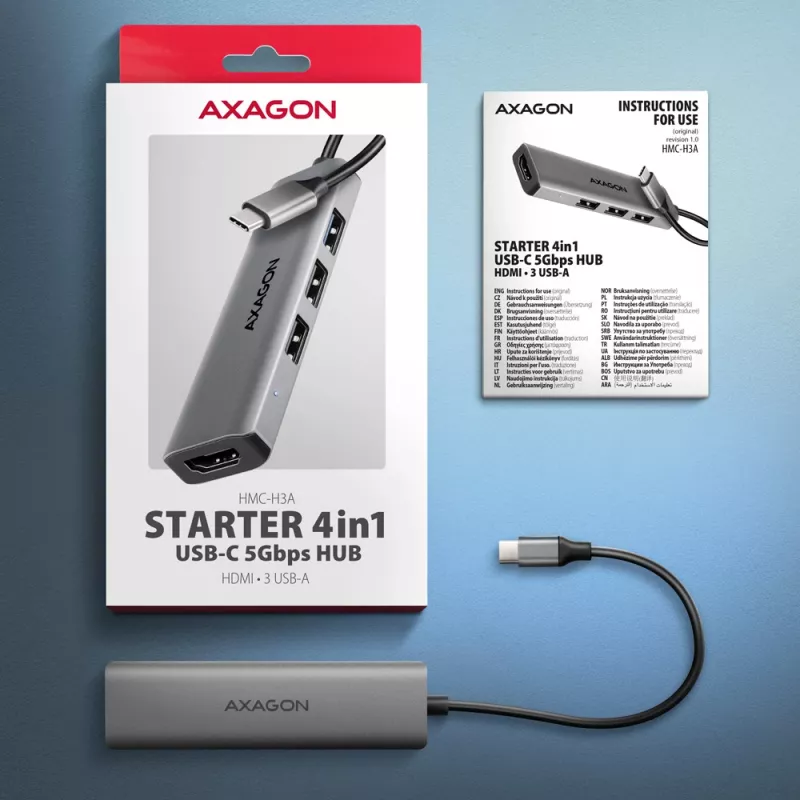 Axagon HMC-H3A USB 5Gbps Hub, 3x USB-A, HDMI 4k/30Hz, 15cm USB-C Kabel