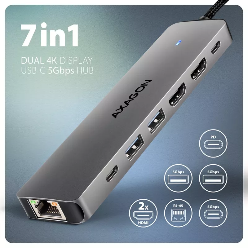 Axagon HMC-7HX2 USB 5Gbps Hub, 2x USB-A, USB-C, 2x HDMI 4K/60Hz, RJ-45, PD 100W