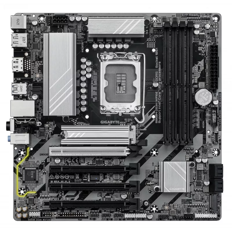 GIGABYTE B860M DS3H WIFI6E Mainboard – Intel Core Ultra Series CPUs, 5+1+2+1 Phasen VRM, bis zu 9066 MHz DDR5, 1x PCIe 5.0 + 1x PCIe 4.0 M.2, 2,5 GbE LAN, WIFI 6E, USB 3.2 Gen 2