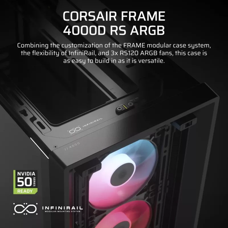 PC-Gehäuse CORSAIR FRAME 4000D RS ARGB Midi Tower Schwarz — ATX/Micro-ATX/Mini-ITX, gehärtetes Glas, ARGB-Lüfter, bis zu 370 mm GPU