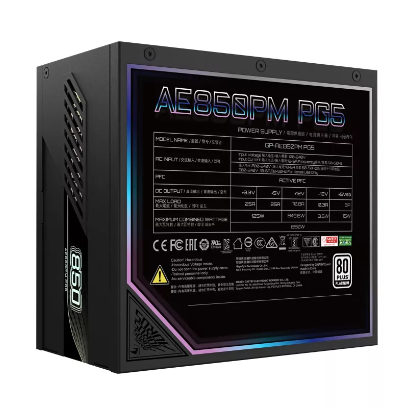GIGABYTE AORUS ELITE P850W Netzteil – PCIe 5.0, 80 PLUS Platinum, vollmodularer Aufbau, 120-mm-Lüfter, ATX 3.0-kompatibel, EU-Stecker