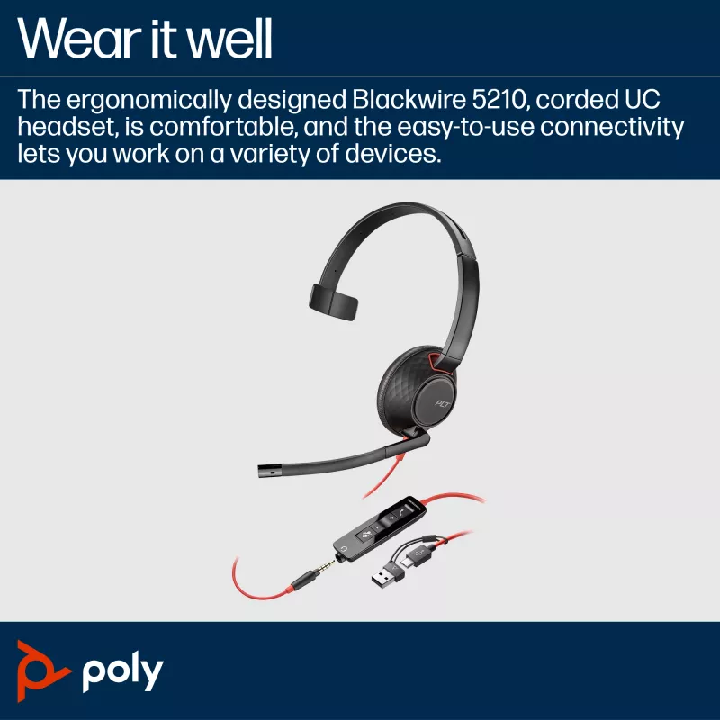 HP Poly Schwarzwire 5210 Monaural USB-C Headset +3.5mm Plug +USB-C/A Adapter