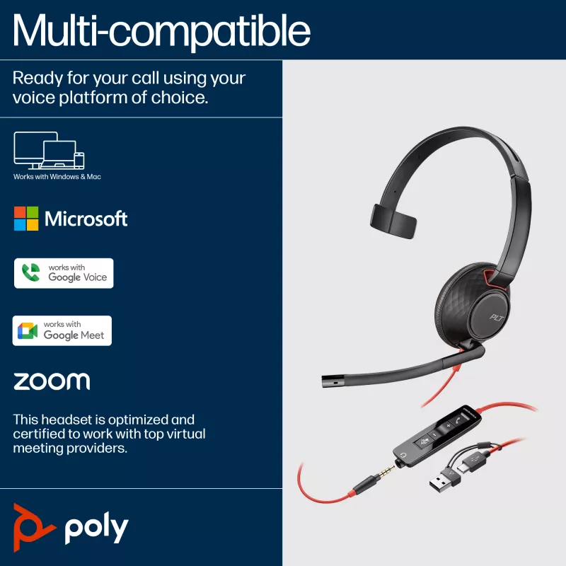 HP Poly Schwarzwire 5210 Monaural USB-C Headset +3.5mm Plug +USB-C/A Adapter
