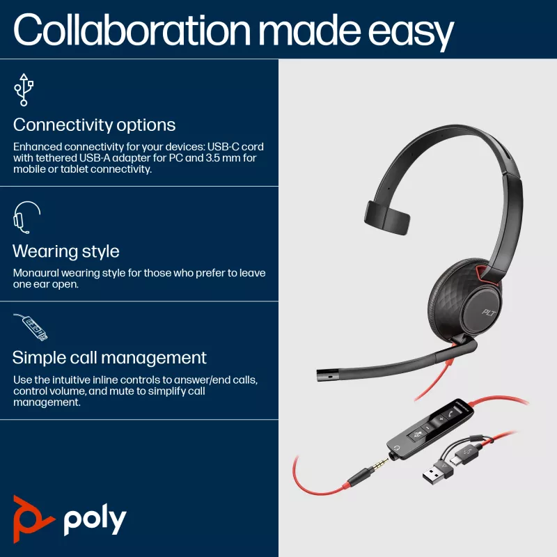 HP Poly Schwarzwire 5210 Monaural USB-C Headset +3.5mm Plug +USB-C/A Adapter