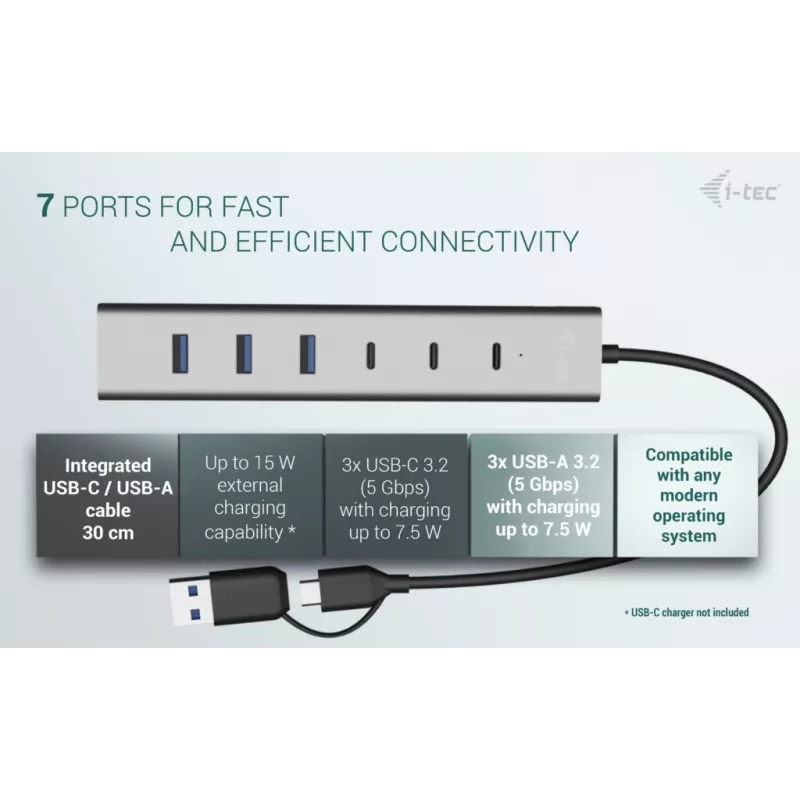 i-tec USB-C/USB-A Lade-Metall-HUB 7 Port (3x USB-C, 4x USB-A)