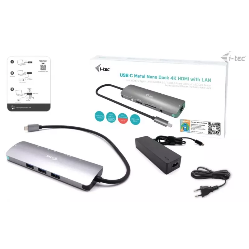i-tec USB-C Metal Nano Dockingstation 4K HDMI LAN mit Power Delivery 100 W + Universal-Ladegerät 100 W