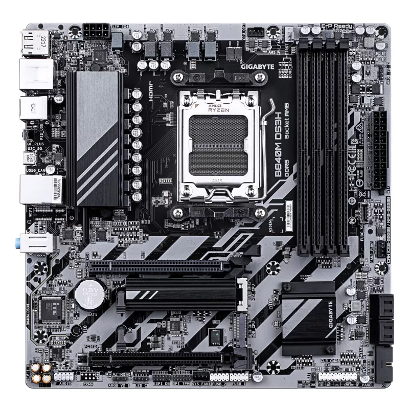 GIGABYTE B840M DS3H Mainboard - AMD Ryzen 9000 CPUs, 8+2+2 Phasen VRM, bis zu 8200 MHz DDR5, 2x PCIe 4.0 M.2, 2,5 GbE LAN, USB 3.2 Gen 1