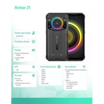 Smartphone UleFone Armor 21 — 6,58-Zoll-Display, 8 GB RAM, 256 GB Speicher, Schwarz