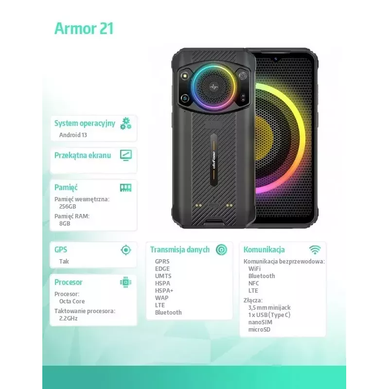 Smartphone UleFone Armor 21 — 6,58-Zoll-Display, 8 GB RAM, 256 GB Speicher, Schwarz