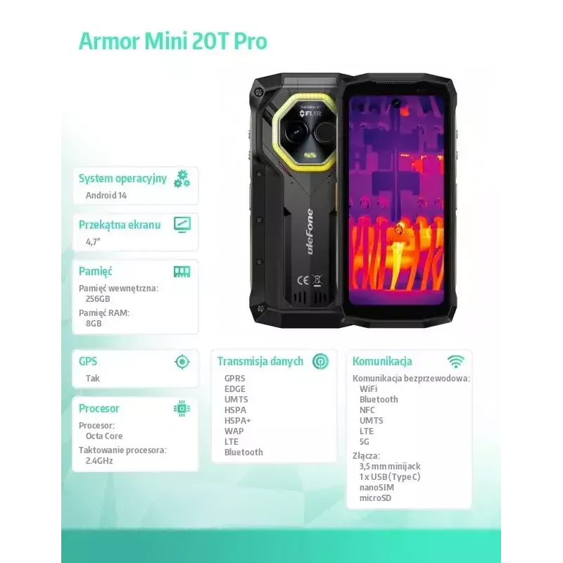 Smartphone UleFone Armor Mini 20T Pro 5G, 4,7-Zoll-Display, 8 GB RAM, 256 GB Speicher, Schwarz