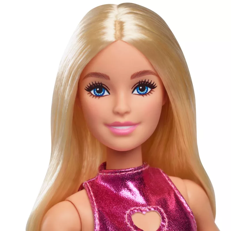 Barbie Fashionistas Puppe Nr. 230 im metallisch rosafarbenen Minikleid mit herzförmigem Ausschnitt, blondes Haar