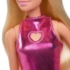 Barbie Fashionistas Puppe Nr. 230 im metallisch rosafarbenen Minikleid mit herzförmigem Ausschnitt, blondes Haar