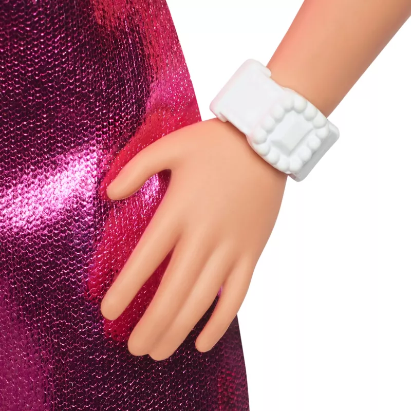 Barbie Fashionistas Puppe Nr. 230 im metallisch rosafarbenen Minikleid mit herzförmigem Ausschnitt, blondes Haar