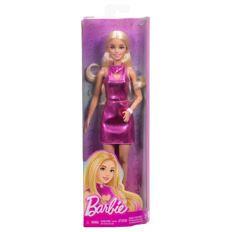 Barbie Fashionistas Puppe Nr. 230 im metallisch rosafarbenen Minikleid mit herzförmigem Ausschnitt, blondes Haar
