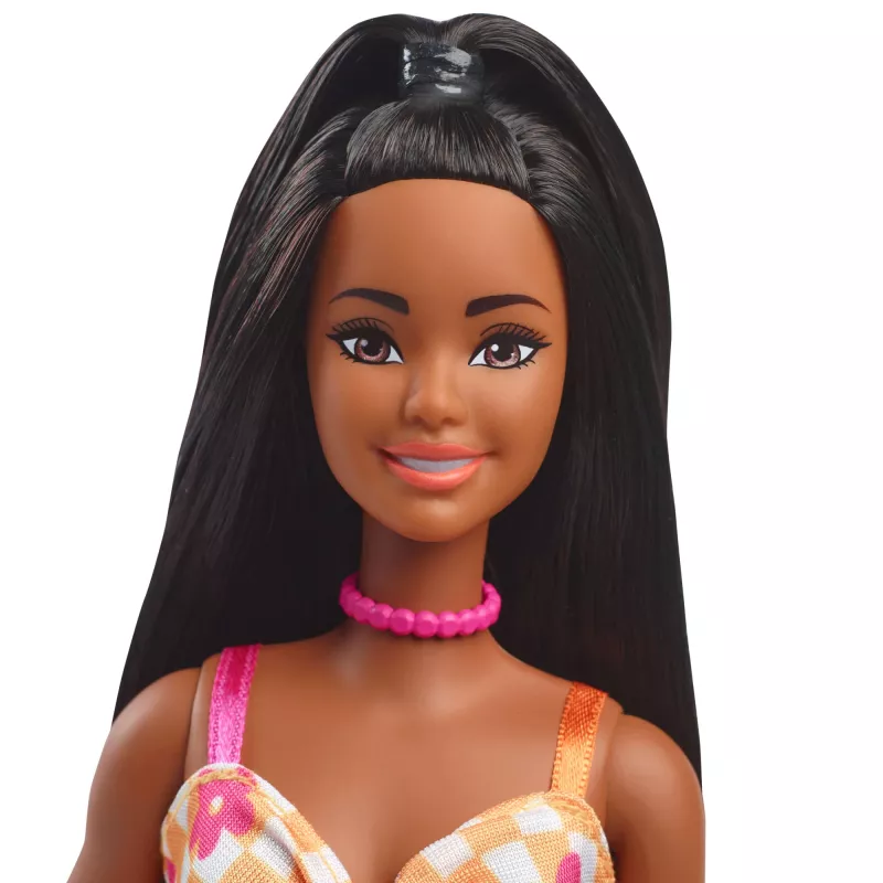 Barbie Fashionistas Puppe Nr. 233 im karierten Blumen-Midikleid, schwarzes Haar