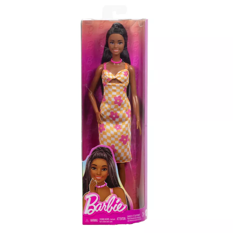 Barbie Fashionistas Puppe Nr. 233 im karierten Blumen-Midikleid, schwarzes Haar