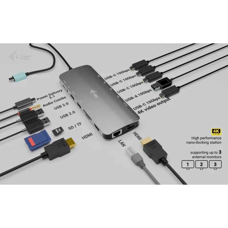 i-tec Metal USB-C Nano 3x Display Dock, 2x HDMI 1x USB-C Video + Power Delivery 140 W