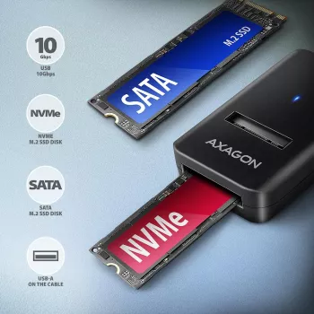 SSD-Gehäuse AXAGON ADM2-AM USB-A 10 Gbit/s für einzelne M.2 NVMe/SATA-Laufwerk, USB 3.2 Gen 2, 10 cm Kabel, schwarz