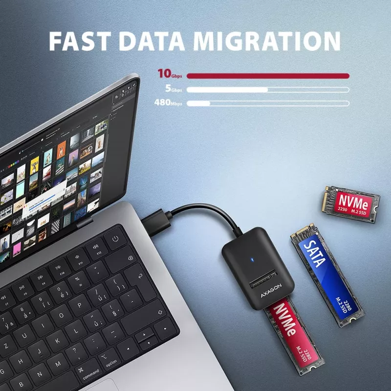 SSD-Gehäuse AXAGON ADM2-AM USB-A 10 Gbit/s für einzelne M.2 NVMe/SATA-Laufwerk, USB 3.2 Gen 2, 10 cm Kabel, schwarz