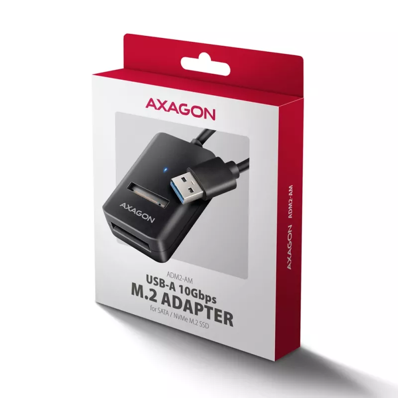 SSD-Gehäuse AXAGON ADM2-AM USB-A 10 Gbit/s für einzelne M.2 NVMe/SATA-Laufwerk, USB 3.2 Gen 2, 10 cm Kabel, schwarz