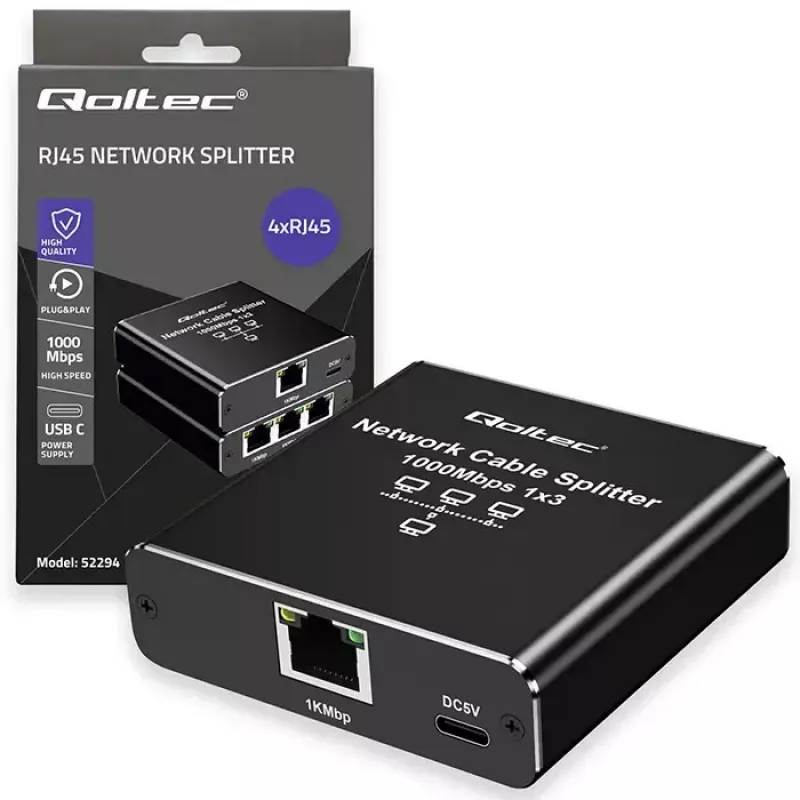 Ethernet-Splitter QOLTEC 52294 1x3 RJ45 mit USB-C-Stromversorgungseingang
