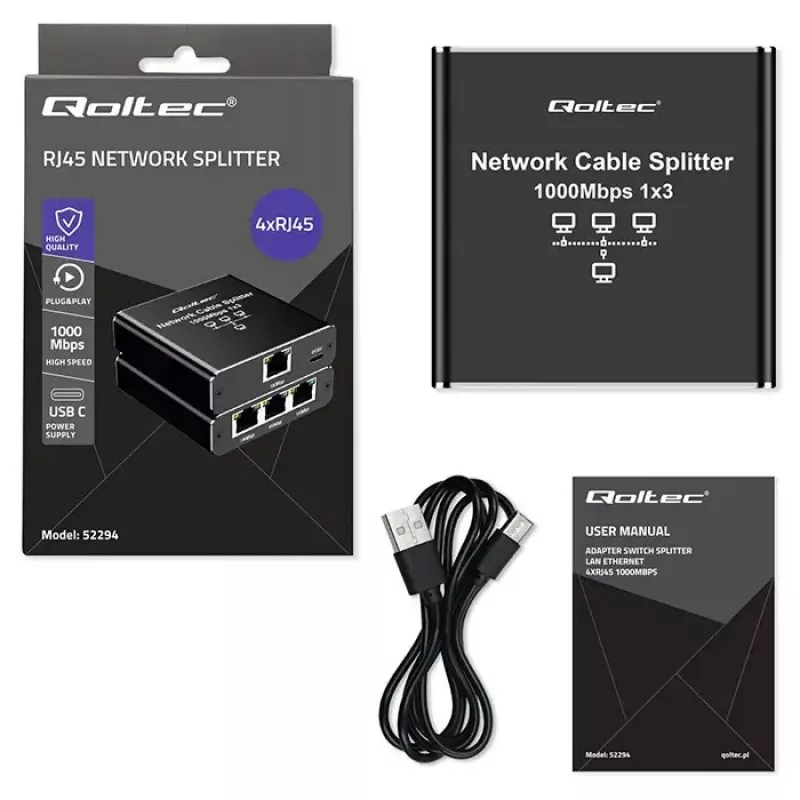 Ethernet-Splitter QOLTEC 52294 1x3 RJ45 mit USB-C-Stromversorgungseingang