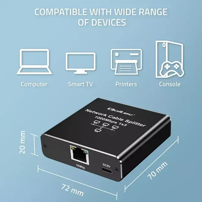 Ethernet-Splitter QOLTEC 52294 1x3 RJ45 mit USB-C-Stromversorgungseingang