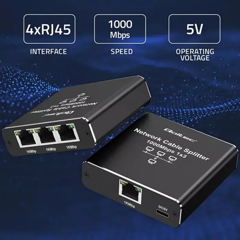 Ethernet-Splitter QOLTEC 52294 1x3 RJ45 mit USB-C-Stromversorgungseingang