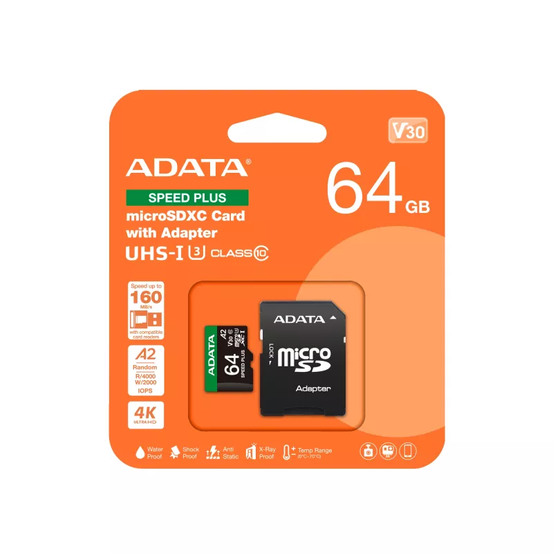 MicroSDXC-Karte ADATA Speed Plus 64 GB UHS Class 3 Modell UD64GUI3V30A2SP-RA1
