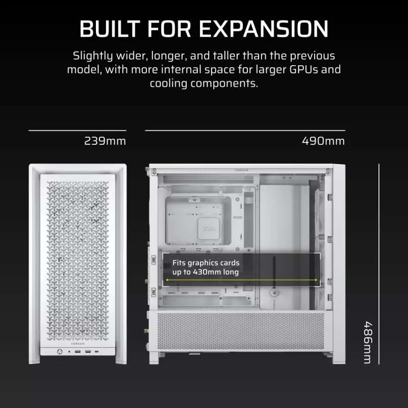 PC-Gehäuse CORSAIR FRAME 4000D RS Midi Tower Weiß — ATX, gehärtetes Glas, 3x120mm Frontlüfter, unterstützt 360/240/140mm Radiatoren